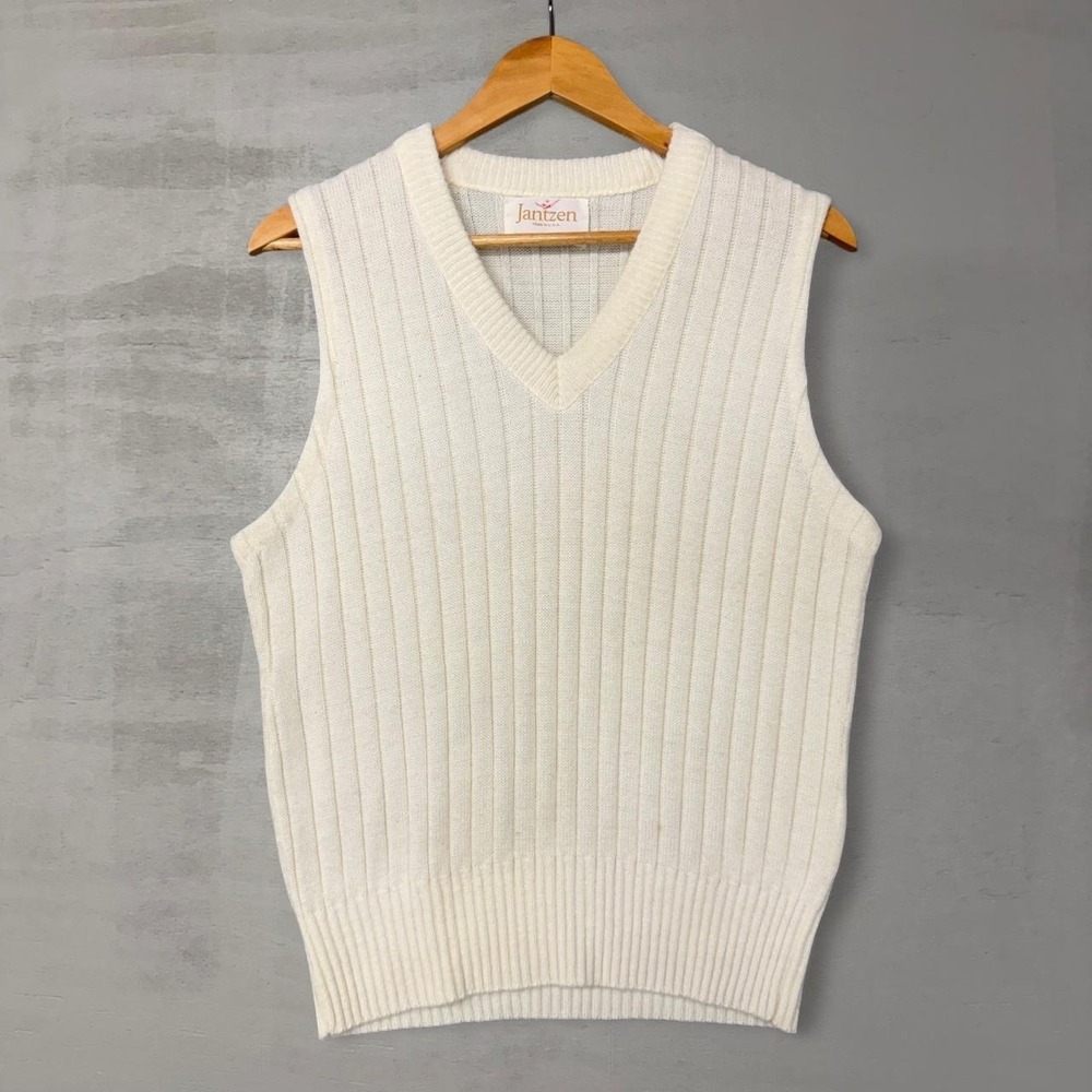 Vintage 80s Jantzen Sweater Vest Ivory Ribbed Knit V-Neck Made in USA Large